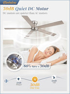 60 Inch low profile ceiling fan, Brushed Nickel Large Ceiling Fan no Lights, 6-Speeds, Quiet Reversible DC Motor, Indoor/Outdoor Ceiling Fans no light for Patios, Living Room, Bedroom