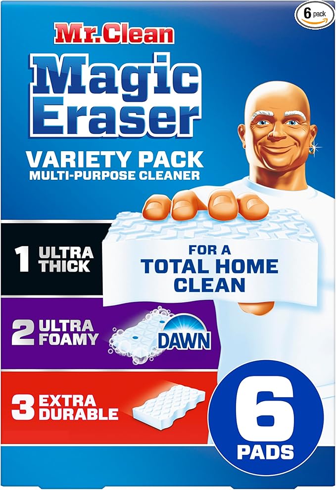 Mr. Clean Magic Eraser Sponge, All Purpose Cleaner, Cleaning Scrubber, Kitchen, Bathroom, Shower, Oven, Cleaning Supplies, Variety Pack with 1 Ultra Thick, 2 Ultra Foamy, & 3 Extra Durable, 6ct