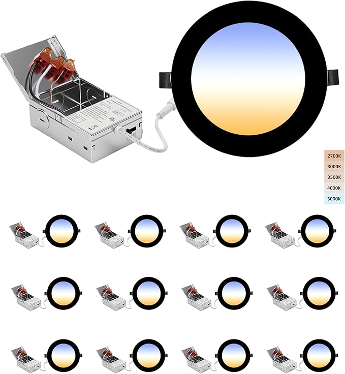 6-inch LED Recessed Lights - Slim Recessed Ceiling Light with Junction Box, 12W 5CCT Canless Lighting Fixture, Dimmable, Easy Install for Bedroom, Kitchen, Living Room, 12 Pack, Black