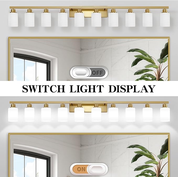 Gold Bathroom Vanity Light,10-Light Brushed Gold Bathroom Light Fixtures with White Frosted Glass,64.5in Wall Lamp Sconces for Mirror Bedroom,Living Room Hallway,E26
