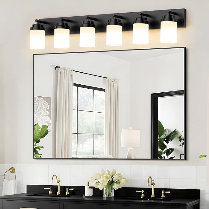 IZORRO Bathroom Vanity Light Fixture, 6-Light 43 Inch Matte Black Bathroom Light Fixtures Over Mirror, with White Glass Shade, Modern Farmhouse Vanity Lights, Rustic Restroom Lighting Fixtures