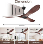 60 Inch Ceiling Fan Without Lights, Walnut Finish | Outdoor Ceiling Fan with Remote, 6-Speed Adjustable Reversible DC Motor for Patio & Living Room