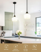 Emak Modern 8 Inch Black Pendant Light, Farmhouse Pendant Lighting with Milk Glass Shade, 1 Light Hanging Light Fixture for Kitchen Island, Dining Room, Bathroom, Bedroom, PL122-BK-ML