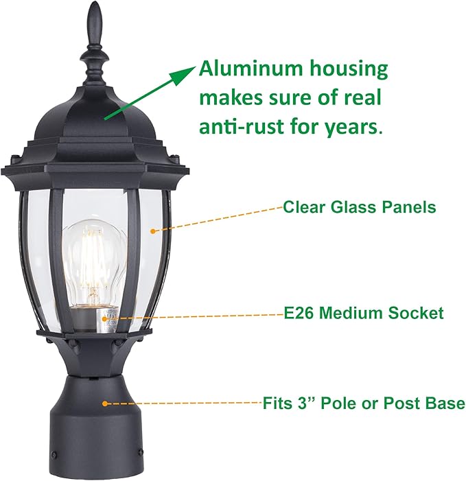 LIT-PaTH Outdoor Post Lighting Fixture Pole Lantern, E26 Medium Base Max 60W, Aluminum Housing Plus Glass, Matte Black Finish, 2-Pack
