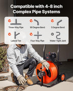 VEVOR 100FT x 3/4 Inch Drain Cleaning Machine Sewer Auger Auto Feed with 4 Cutter & Air-activated Foot Switch for 4" to 8" Pipes, Orange, Black