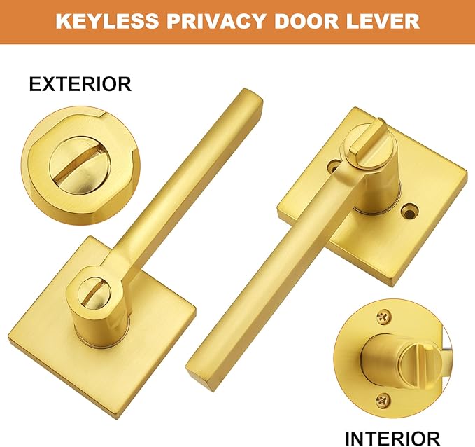 Probrico Gold Privacy Door Handle Lockset Heavy Duty Square Satin Brass Interior Door Lever for Bedroom or Bathroom Reversible Keyless Handleset Door Knob Slim Handed Levers, 3 Pack