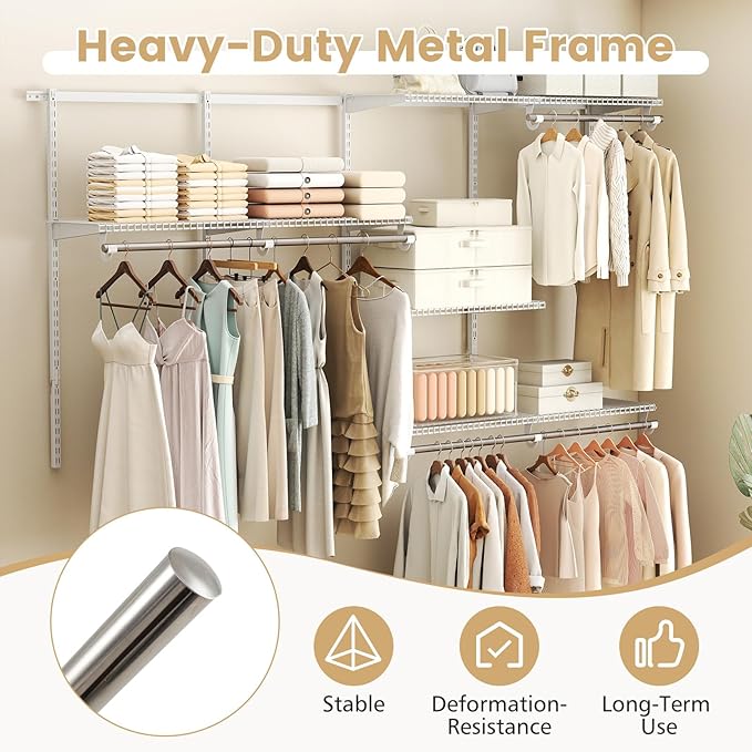 Giantex Closet Organizer System, 4-8 FT Wall-Mounted Closet Shelves and Rod, Adjustable Closet Organization w/ Hanging Rod, DIY Expandable Modular Metal Wire Shelving for Laundry Bedroom (White)