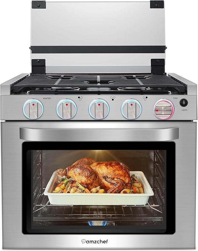 AMZCHEF RV Gas Range Stove 12V. Range Oven for RV Use with 3 Burners,Gas Oven, 28,100BTU, Open Flame Configuration, Knob work indicator, Heavy Duty Cast Iron Grates (Large 21 inch)