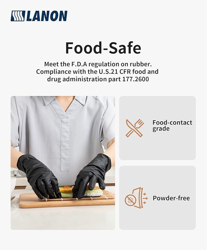 LANON 6 mil Black Nitrile Disposable Gloves, EN ISO 374 Chemical Resistant, Heavy-Duty, Mechanic, Textured Fingertips, Latex-Free, XL