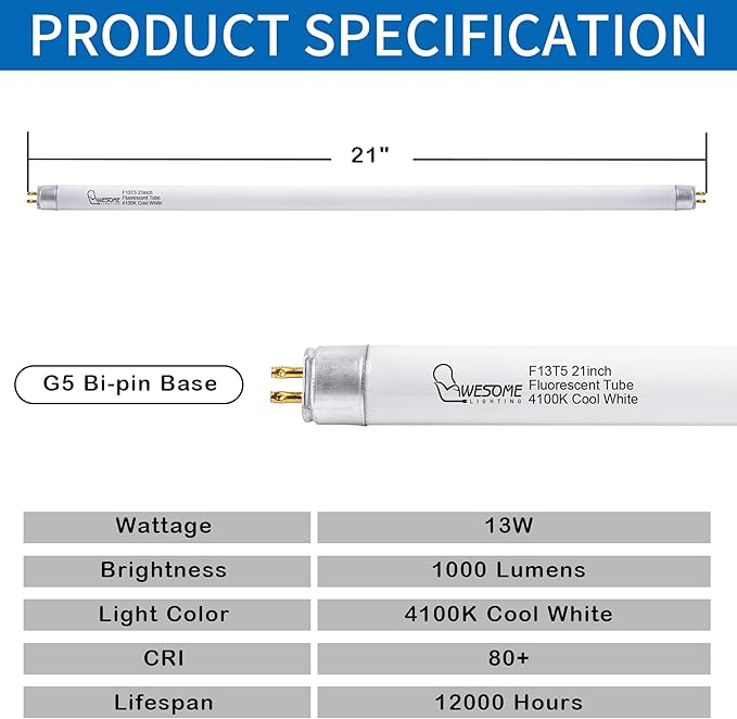 8 Pack 21 Inch F13T5/CW Fluorescent Light Bulb, 4100K Cool White, T5 13 Watts Fluorescent Replacement Bulb for Counter and Cabinet Fixture, G5 Base