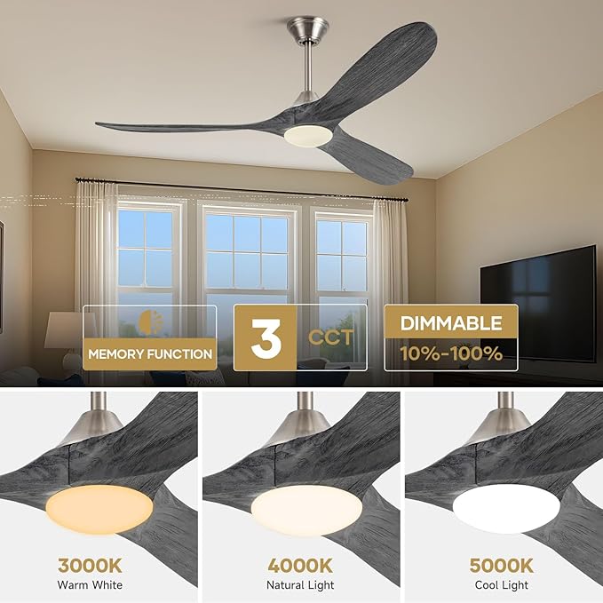 60 Inch Smart Outdoor Ceiling Fans with Light Alexa/Tuya App/Remote Control, Modern Gray Wood DC Ceiling Fan with Dimmable Led Light, Damp-rated Exterior Ceiling Fan for Patios Gazebo Bedroom Office