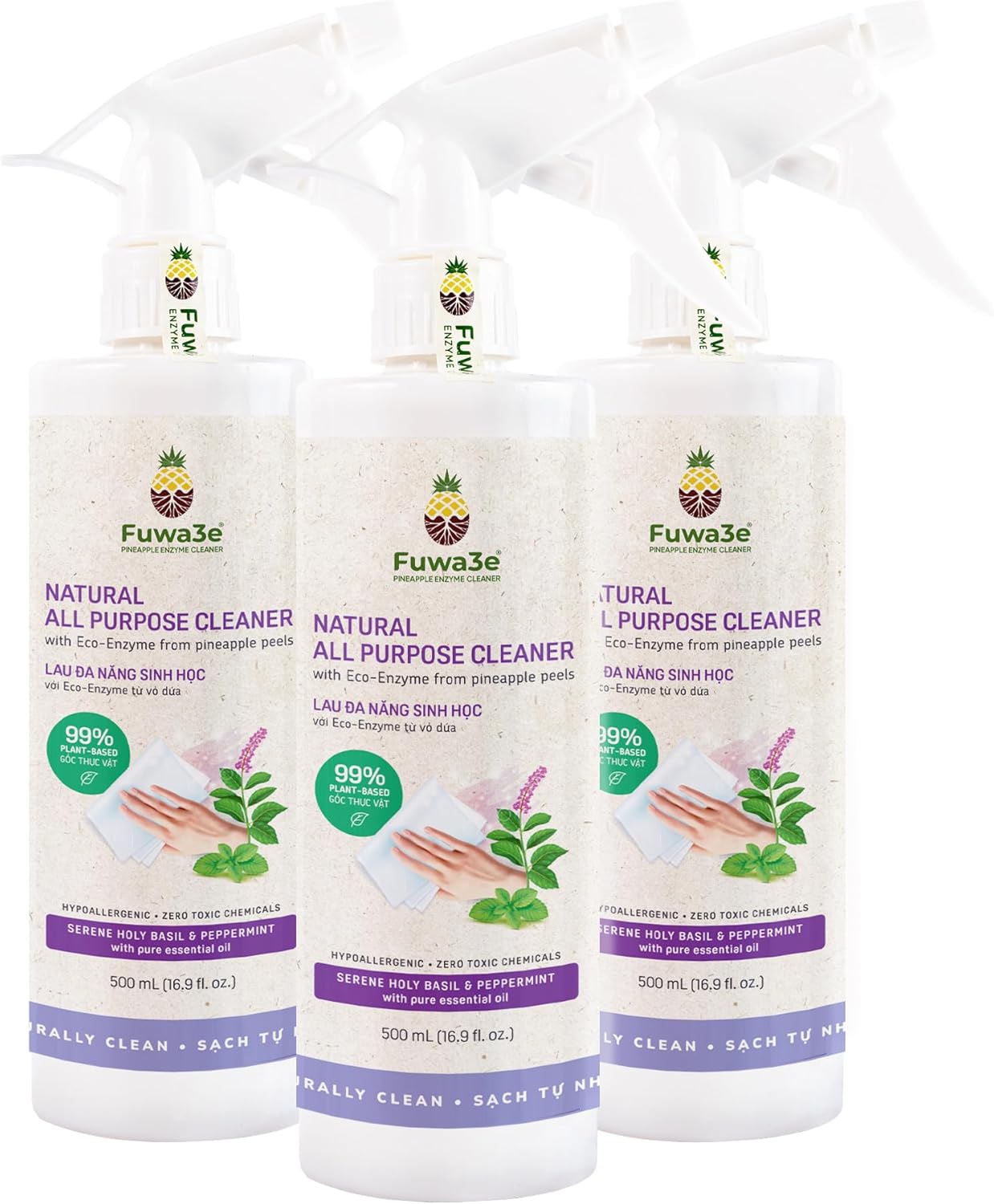 Fuwa3e Pineapple Enzyme Natural All Purpose Cleaner Spray Serene Holy Basil & Peppermint - 16.9oz 3 Pack - Multi Surface Cleaner 99% Plant Based Cleaner from Discarded Pineapple Peels