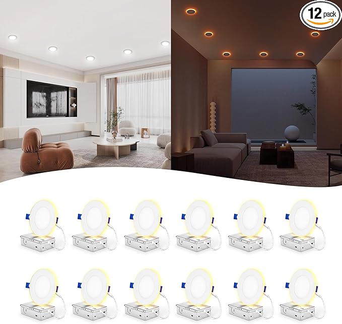 12 Pack 4 Inch LED Recessed Ceiling Lights with Night Light, Dimmable, 2700K-5000K 5 CCT Selectable, Canless Wafer Downlight with Junction Box, Ultra-Thin, 9W, ETL, White