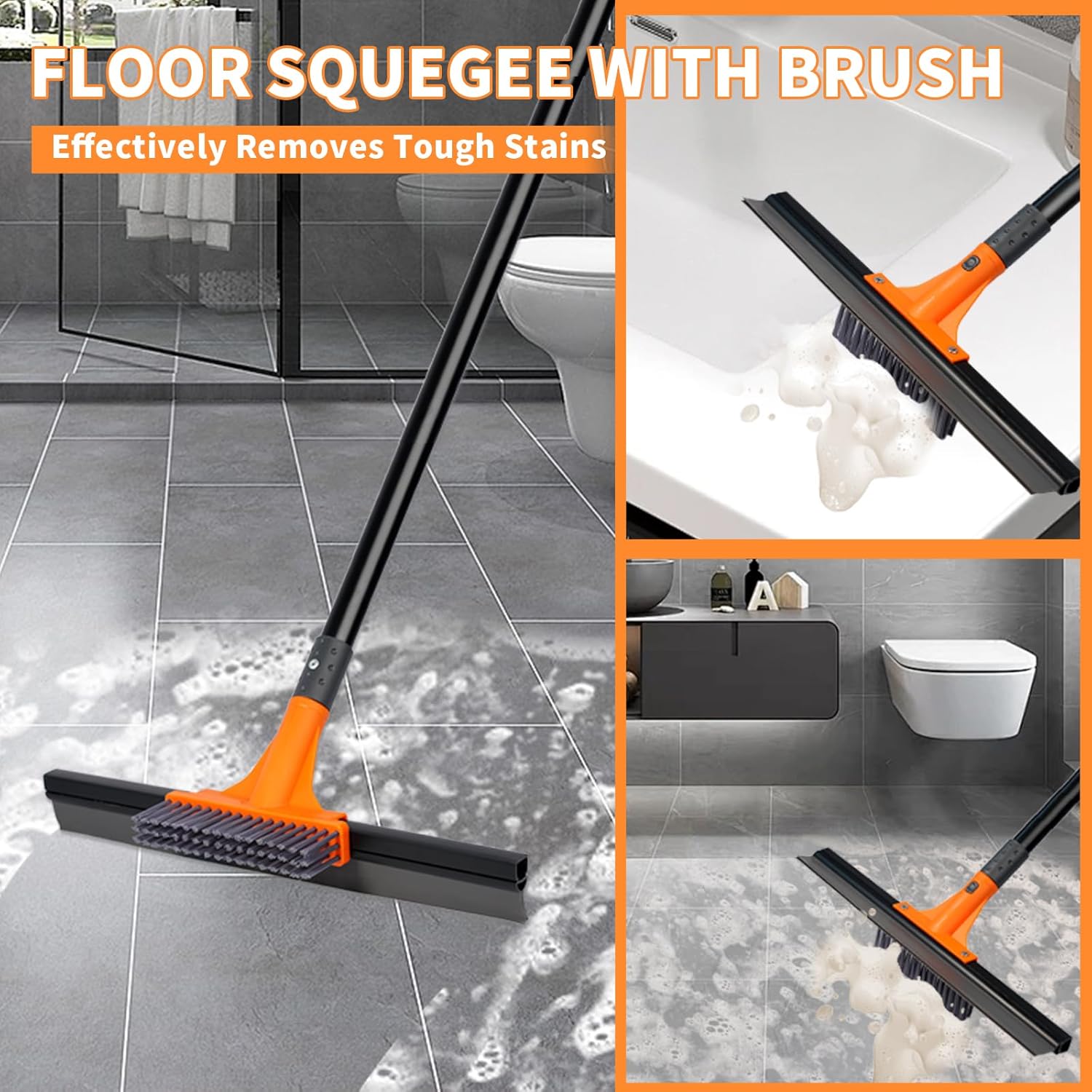 Rubber Floor Squeegee for Concrete Tile Floor, Large Water Squeegee Heavy Duty with Scrub Brush and Long Handle for Cleaning,Squeegee Broom for Window Garage Kitchen Bathroom Deck