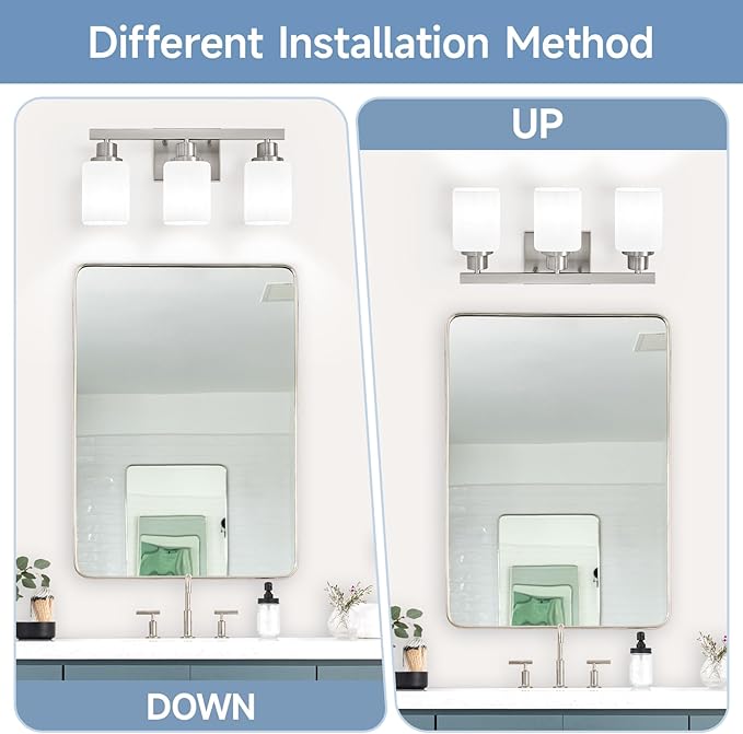 3-Light Bathroom Vanity Light,Brushed Nickel Vanity Lights with Square Frosted Glass,Modern Bathroom Wall Lights Fixtures Over Mirror,Wall Sconces Lighting for Bedroom Living Room,E26