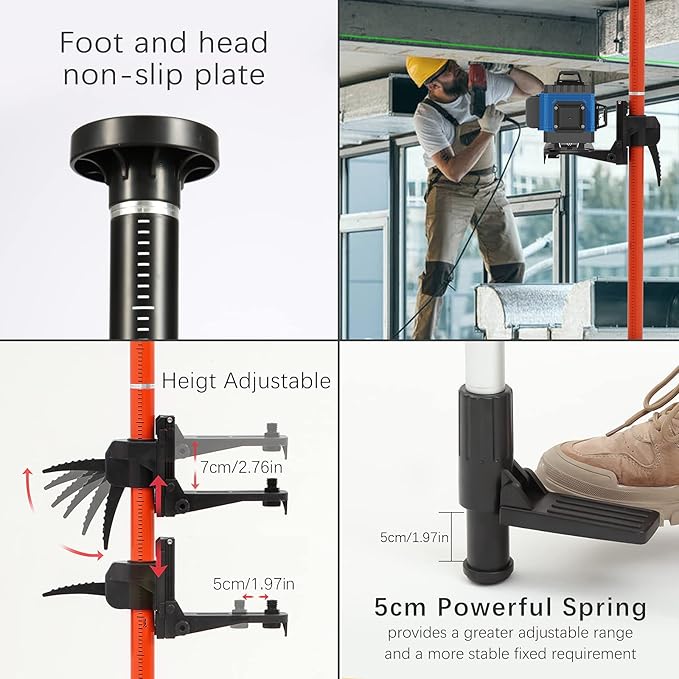 MOETER 12Ft/3.7M Telescoping Laser Level Pole, Adjustable Laser Pole with Universal Mounting Bracket 1/4”-20 & 5/8”-11 Adapters, Laser Level Stand for Rotary & Line Lasers (Without Tripod)