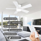 42 Inch White Ceiling Fans with Lights and Remote, LED Low Profile Flush Mount Ceiling Fan for Bedroom, Living Room, Patio, Quiet DC Motor, 5 Blades