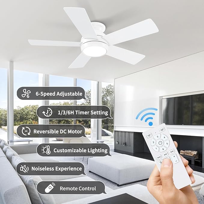42 Inch White Ceiling Fans with Lights and Remote, LED Low Profile Flush Mount Ceiling Fan for Bedroom, Living Room, Patio, Quiet DC Motor, 5 Blades