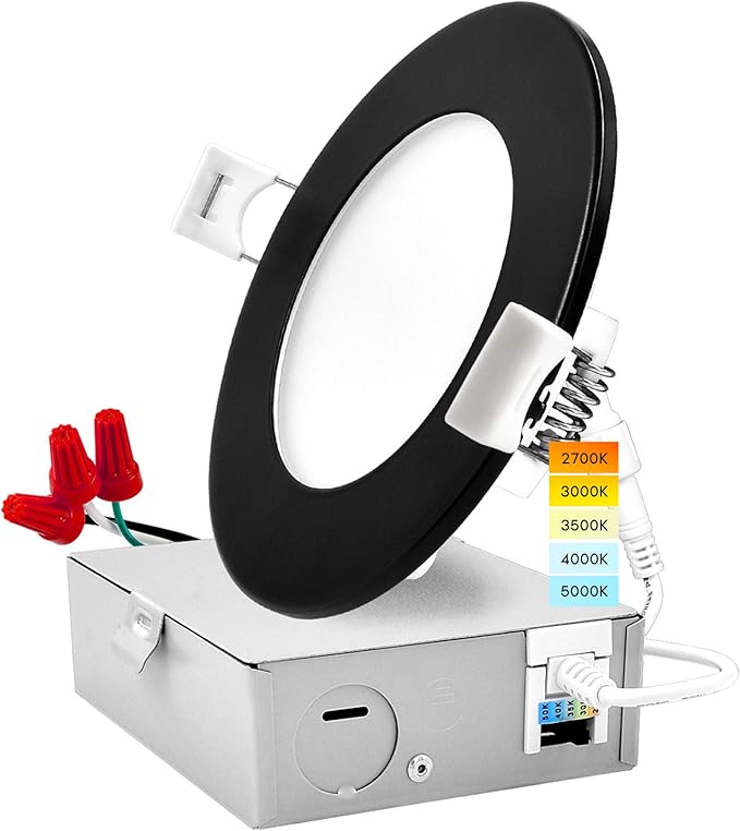 LUXRITE 4 Inch Ultra Thin LED Recessed Light with J-Box, 10W, 5 Color Options 2700K | 3000K | 3500K | 4000K | 5000K, Dimmable Wafer Lights, 750 Lumens, Black Trim, Energy Star, IC Rated