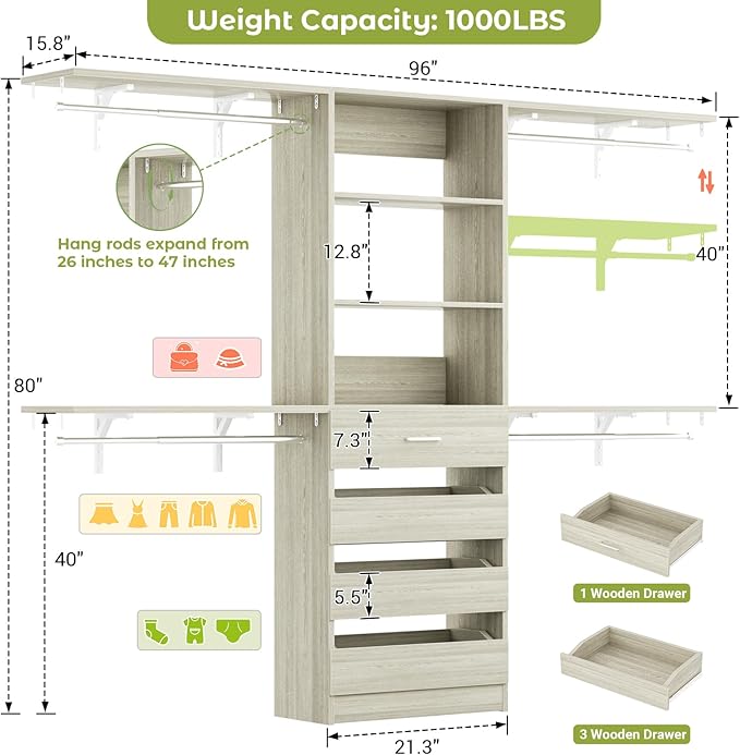 Aheaplus Closet System with Drawers, Wood Closet Organizer System with 4 Hanging Rods & Top Shelves, Walk-in Closets Organizer Wardrobe Clothes Rack, Cut Fits Spaces 4-9FT. Wide, White Oak