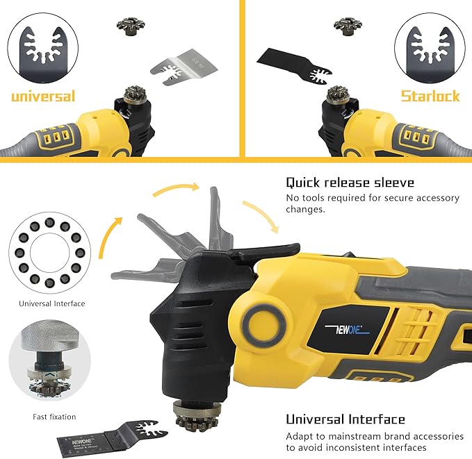NEWONE Anti-vibration Oscillating Tool Compatible with De-Walt 20V Battery Anti-vibration Oscillating Multi-Tool Kit with 3.6° Oscillation Angle,6 Variable Speed,16-piece Electric Multitool Blades,Box