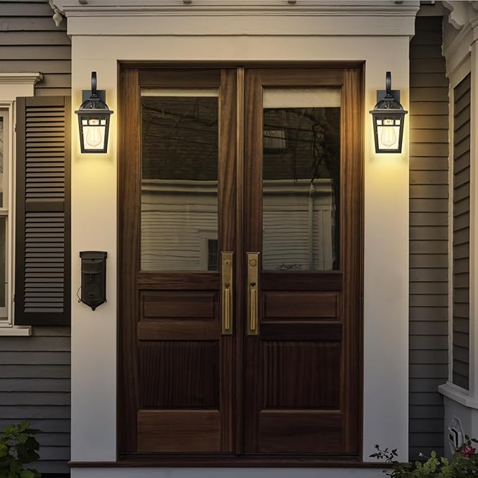 Front Porch Lights Outdoor Wall Lights Exterior Wall Sconce, Matte Black Exterior Light Fixtures with Seeded Glass Farmhouse Outdoor Lighting Fixtures for House Garage Porch Patio, 2 Pack