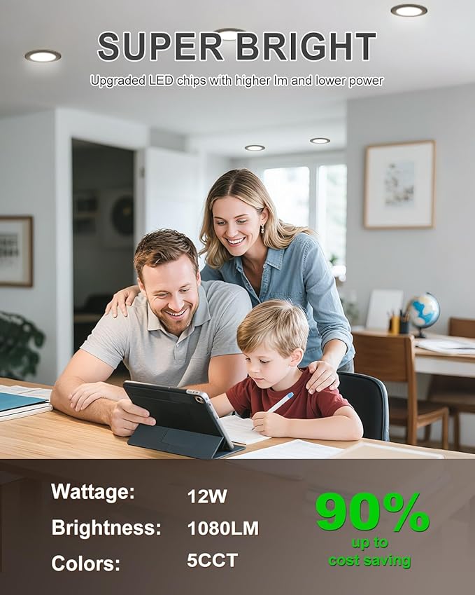 zouzai 6 Inch Black 5CCT Ultra-Thin LED Recessed Ceiling Light with Junction Box 2700K/3000K/3500K/4000K/5000K Selectable, 12W Dimmable, led can Lights ETL and Energy Star Certified【6 Pack 】