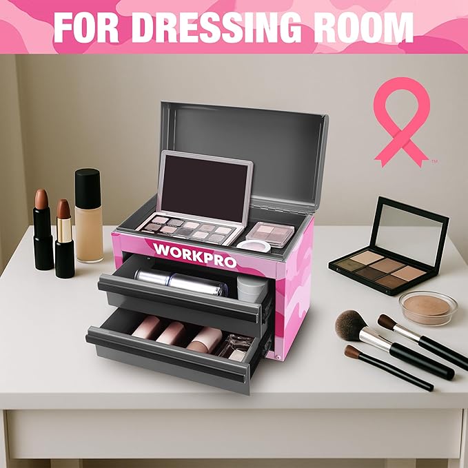 WORKPRO Metal Mini Tool Box, Top Tool Chest containing Two Drawers with Ball Bearing Slides, PVC Drawer Liners and PP Feet Pads, Cold Rolled Steel Small Toolbox for Multi-Purpose Storage - Pink Ribbon