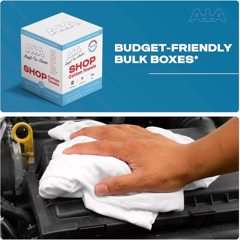 Angel-in-Armor Shop Towels (14”x14”) – 500 Unit Box of Lint-Free Cotton Shop Towel Cleaning Rags – Durable Shop Rags for Auto, Garage, Industrial, and Commercial Use