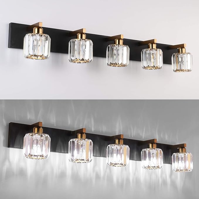 Aipsun Crystal Bathroom Vanity Light Black Vanity Lighting fixtures 5 Lights Crystal Vanity Light for Bathroom(Exclude Bulb)