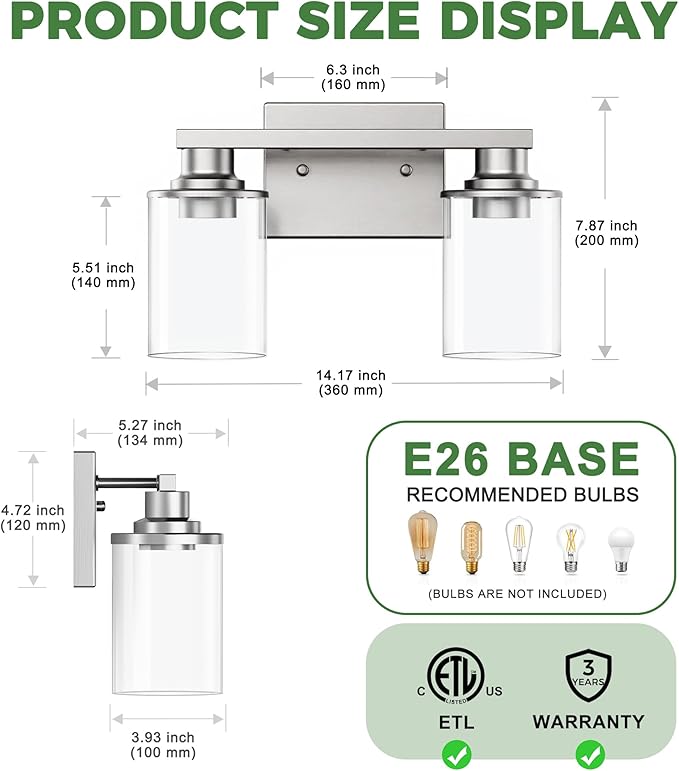 DORESshop Bathroom Light Fixtures, 2-Light Nickel Bathroom Lights Over Mirror with Clear Glass Shade, Vanity Lights for Living Room Bedroom, ETL Listed