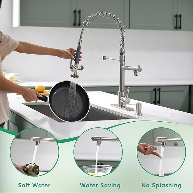 Fapully Commercial Pull Down Kitchen Sink Faucet with Sprayer Brushed Nickel Single Handle Faucets for Kitchen Sink, Kitchen Faucet with Soap Dispenser and Deck Plack for 4 Hole