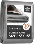 RAINDEWAY Tarps Heavy Duty Waterproof 15x15 Feet,10Mil Thick Multipurpose Poly Tarp Cover with Metal Grommets and Reinforced Edges,Silver/Brown Tarp