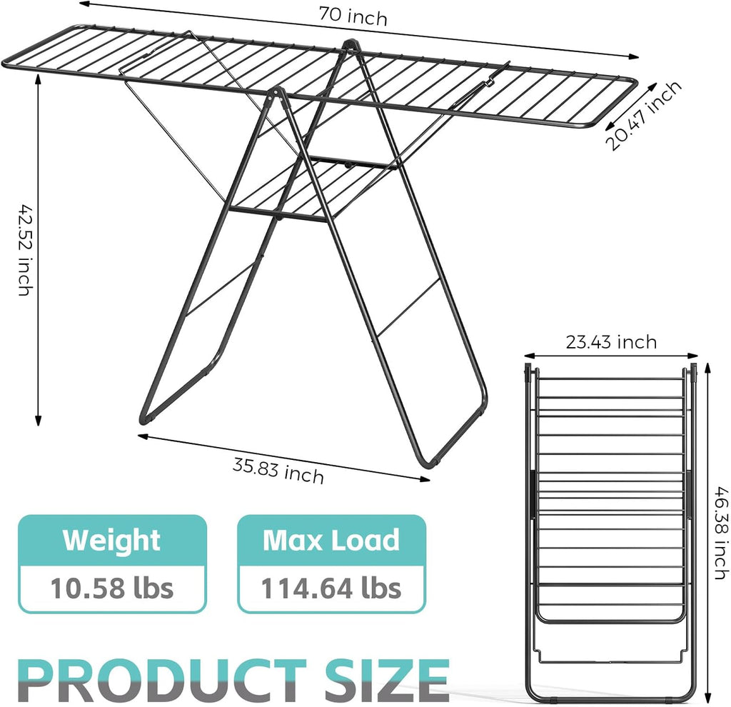APEXCHASER Clothes Drying Rack, Oversized Drying Rack Clothing with Height-Adjustable, Foldable Gullwings Metal Laundry Rack, Indoor Outdoor Use, No Assembly, Black