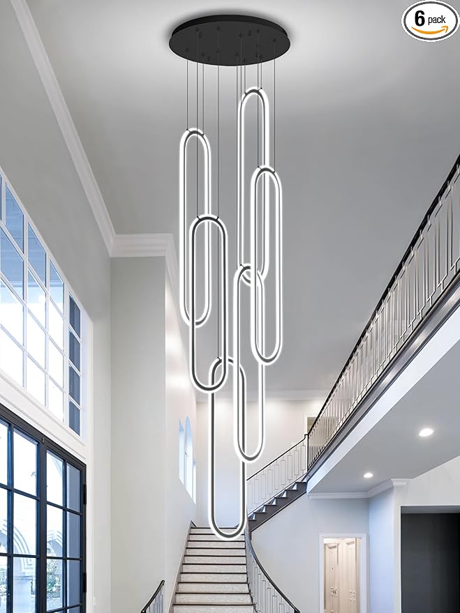 Flashing God H138 Modern Chandelier 6-Rings Large Chandelier for High Ceiling Led Dimmable Ring Pendant Lighting Black Contemporary Chandeliers for Villa Foyer Entrance Living Room