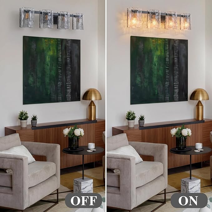 EDISLIVE Vintage Bathroom Vanity Light Black 4-Light Bath Wall Light Fixture with Ripple Block Shades Glass 32.9" E12 Antique Wall Sconce for Bedroom Hallway Living Room Vanity Mirror