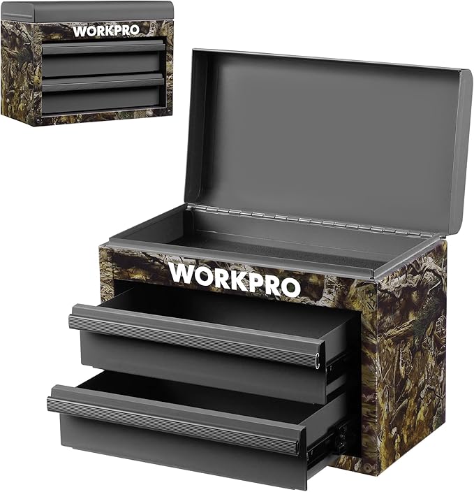 WORKPRO Metal Mini Tool Box, Top Tool Chest containing Two Drawers with Ball Bearing Slides, PVC Drawer Liners and PP Feet Pads, Durable Cold Rolled Steel Small Toolbox for Multi-Purpose Storage