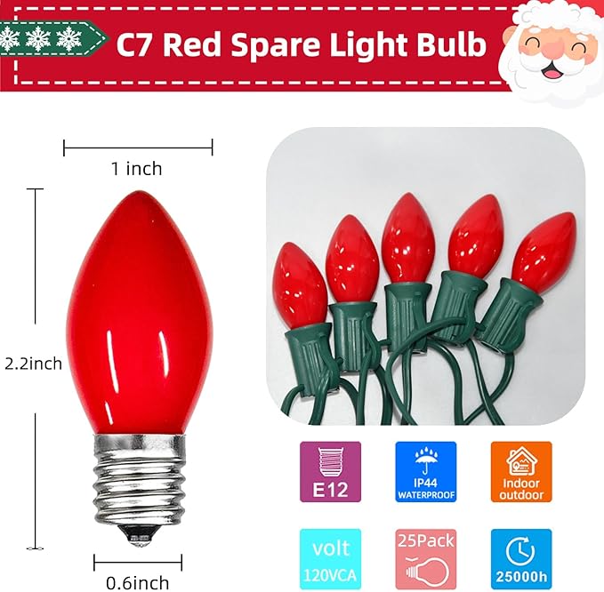 Waterproof UL Certified Red Replacement Bulbs Christmas Tree Light Bulbs for Indoor and Outdoor Decoration with 25 Pack, C7/E12 Base, 5 Watt