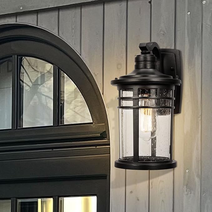 Darkaway Outdoor Porch Lights Wall Mount, Outdoor Light Fixtures Sconces Wall Lighting with Seeded Glass Waterproof Exterior Lights for Patio Yard House Hallway Doorway Garage(1 Pack, Black)