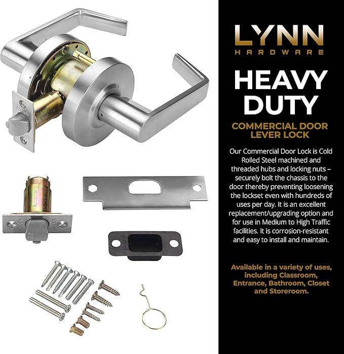 LYNN HARDWARE Commercial Door Lever Lock - Heavy-Duty Locking Door Handle, Designer Door Handles, Cylindrical Lever Lock, Non-Handed Grade 2 Door Handle, Satin Chrome, Passage/Closet