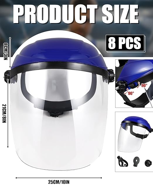8 Pack Safety Face Shield for Grinding and Cutting, Full Impact Resistant Face Shield Mask for Work Chemical Woodworking (Blue)