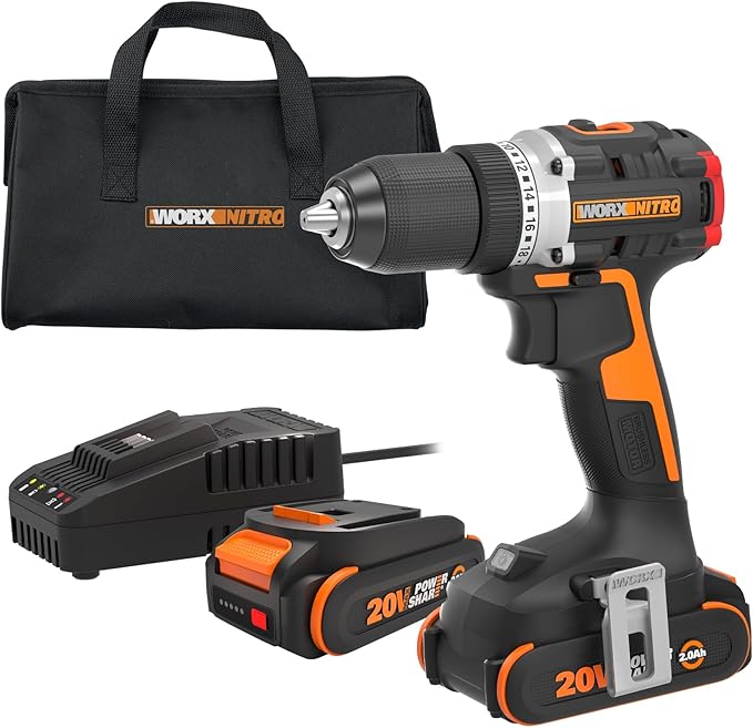 Worx Nitro 20V Cordless 1/2" Drill Driver With Brushless Motor - Compact & Lightweight Set Only 6" and 3 lbs. - Power Share Compatible WX130L - Batteries & Charger Included