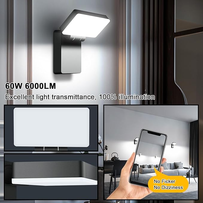 60W LED Flood Light Outdoor Wall Pack 5000K 360° Rotatable Head IP65 Waterproof 6000LM 85V-277V Commercial Flood Security Wall Mount Porch Lights for Indoor,Garage,Yard,Barn,Bedroom