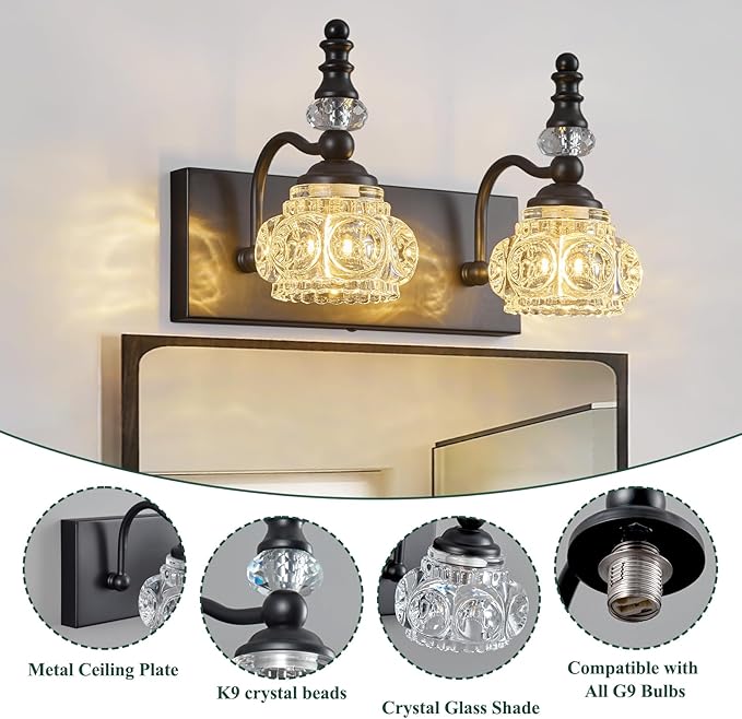 Modern Glass Crystal Bathroom Vanity Light Indoor Wall Lamp Black Vintage Wall Sconces 2-Lights Vanity Lighting Wall Mounted Sconce Wall Lighting
