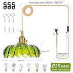 Plug in Pendant Light Fixture, Kylanle Green Glass Hanging Lamp with 14.7FT Cord On/Off Switch, Gold E26 Swag Light, Long Lasting Hanging Lamp Shade for Kitchen Island, Bedroom, Dining, Living Room