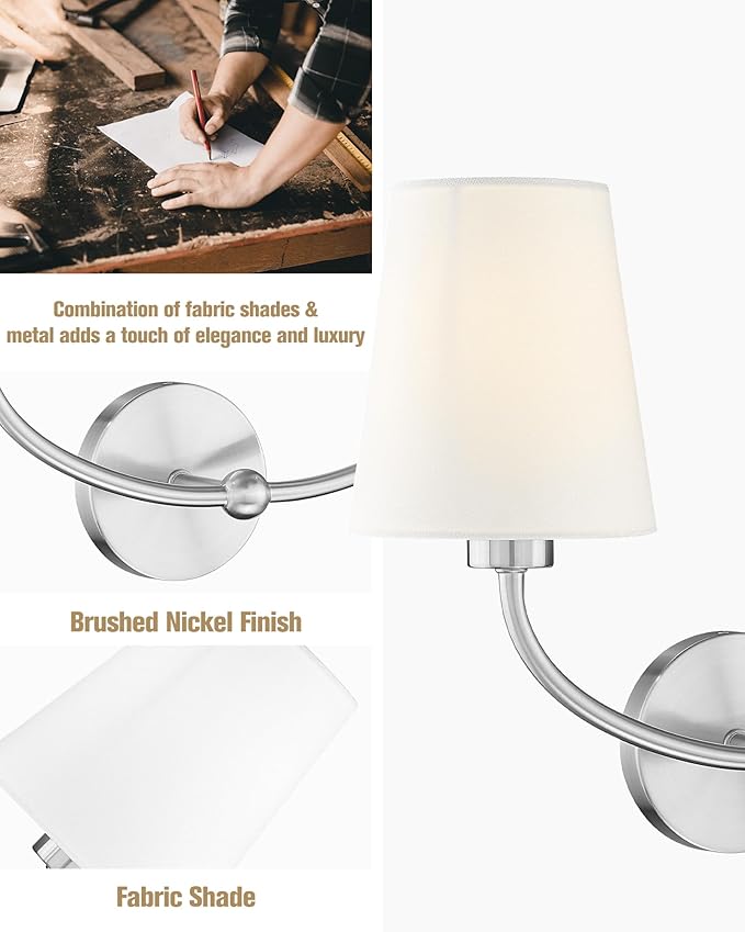 Emak 2-Light Bathroom Light Fixtures, Modern Brushed Nickle Vanity Light with Fabric Shade, Wall Sconces for Bathroom, Living Room, Bedroom, VL116-BN-2