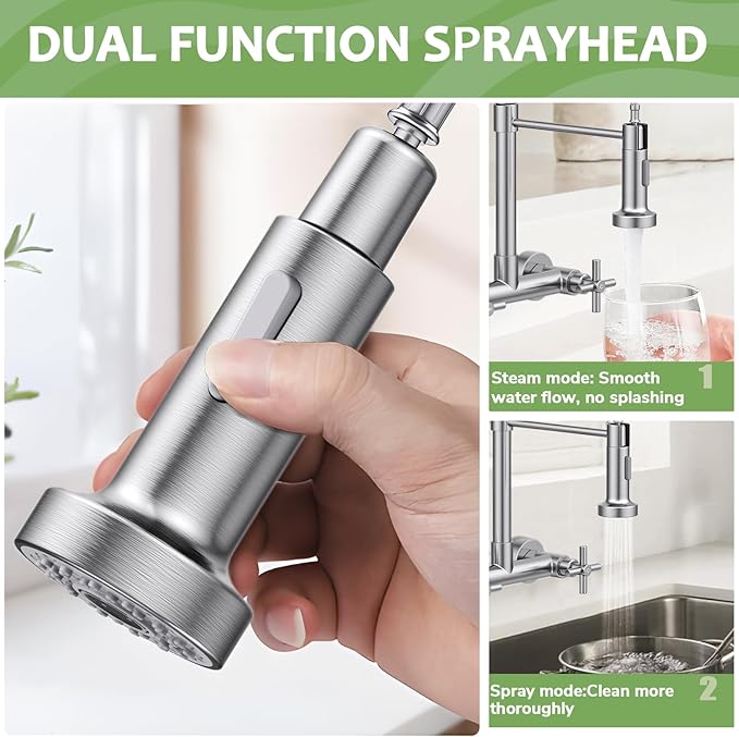 Wall Mount Kitchen Faucet, Hurran Brushed Nickel Kitchen Sink Faucet, 8 Inch 2 Handle Wall Mount Commercial Sink Faucet with Pull Down Sprayer for Kitchen Laundry Room Restaurant