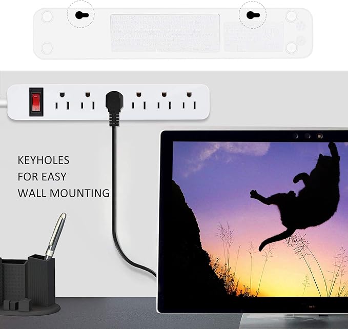 EXTRASTAR 6 Outlets Power Strip, 6 Ft Extension Cord 1875W,15A Build-in Circuit Breaker, Mountable, Thin Flat Plug, Desktop Charging Station for Home School Office, White