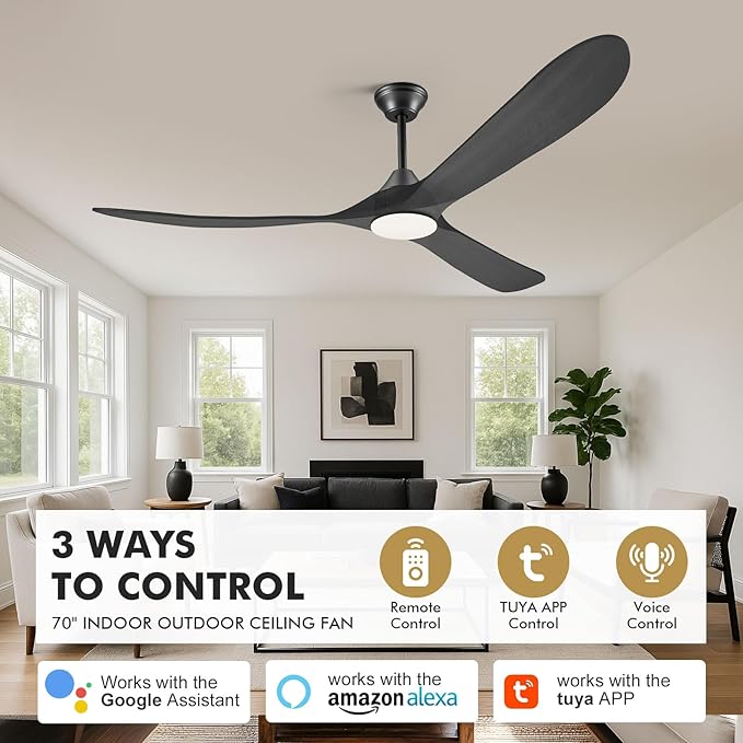 60 Inch Black Outdoor Ceiling Fans with Lights, Smart Ceiling Fan with Remote/APP/Alexa Control, Solid Wood Farmhouse Ceiling Fan for Patios Porch Bedroom, Quiet Reversible DC Motor, Indoor/Exterior
