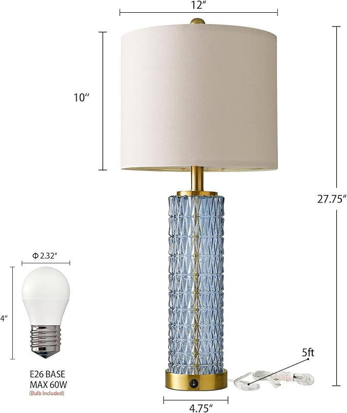 Oneach 27.75” Table Lamps Set of 2, Blue Modern Bedside Lamp with LED Night Light, USB A+C, Glass Lamps for Living Room, Bedroom, Nightstand, Office, End Table (2 Bulbs Included)